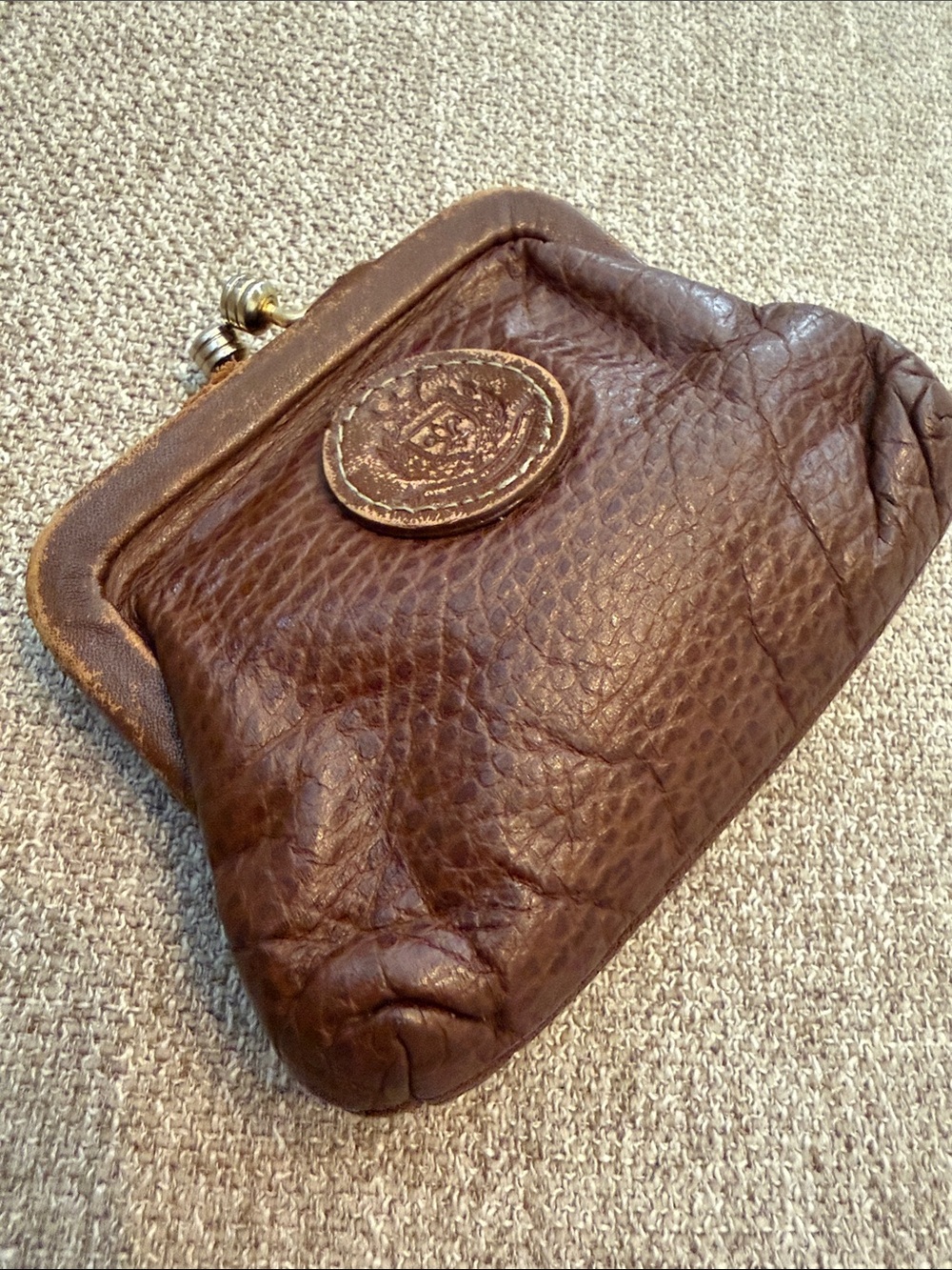 Vintage Italian Style Brown Leather Coin Purse with Metal Kiss Lock